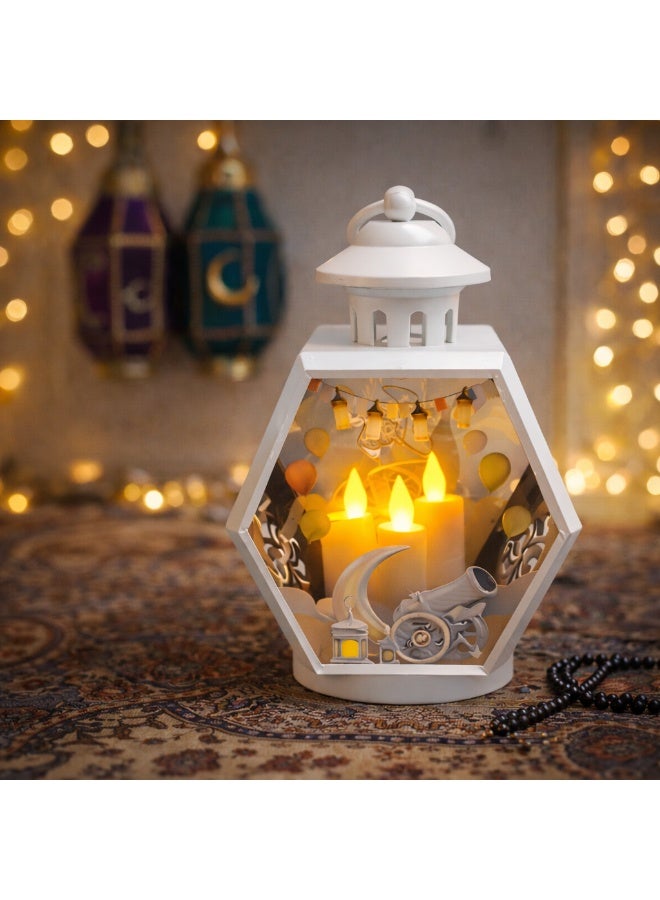 White Acrylic Ramadan Lantern 23 Cm – 3 Led Candles – Shelf & Hanging Use – Model K06-169 - Image 3